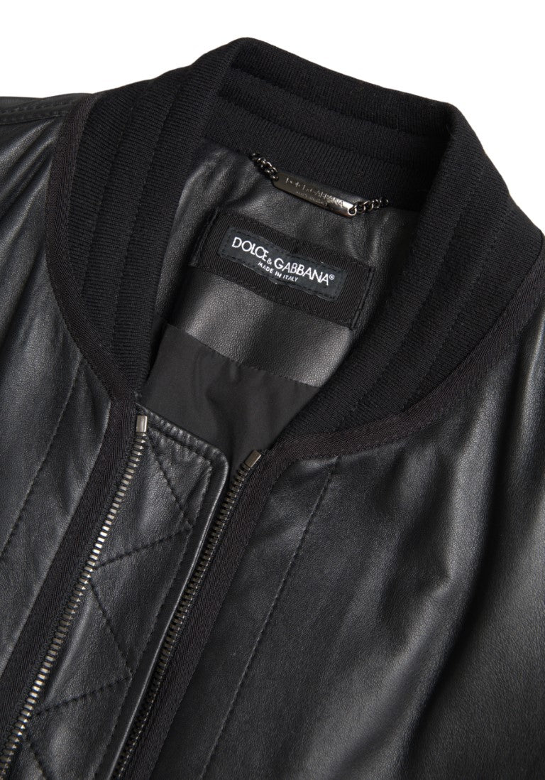 Blouson bomber noir en cuir Dolce & Gabbana avec fermeture éclair complète, style élégant et moderne.