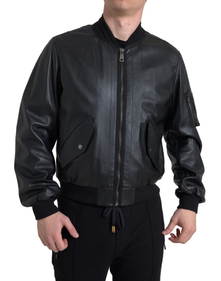 Veste bomber en cuir noir de Dolce & Gabbana avec fermeture éclair complète, style élégant et moderne.