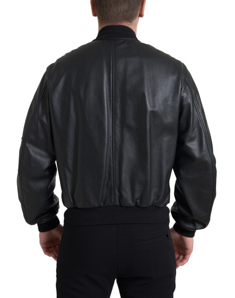 Blouson bomber noir en cuir Dolce & Gabbana avec fermeture éclair complète, style élégant et moderne.