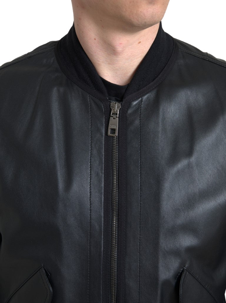 Veste bomber noire en cuir Dolce & Gabbana avec fermeture éclair complète, style élégant et moderne.