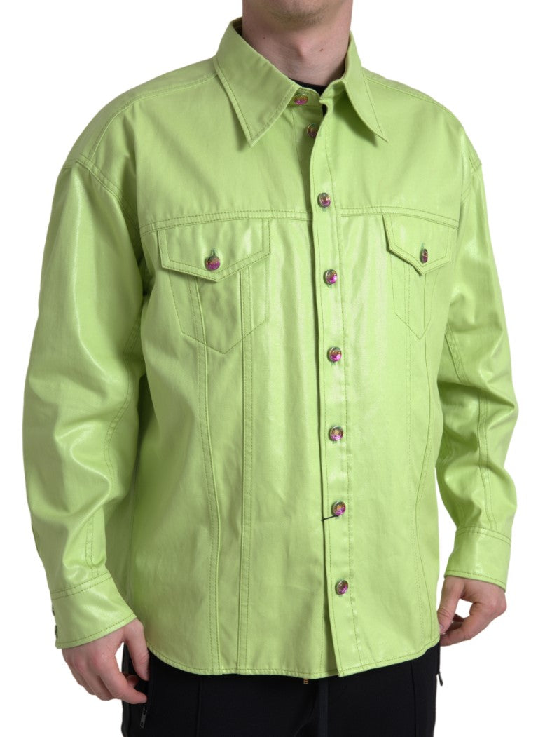 Chemise à col boutonnée en coton vert de Dolce & Gabbana, vue de face avec détails du col et des boutons.