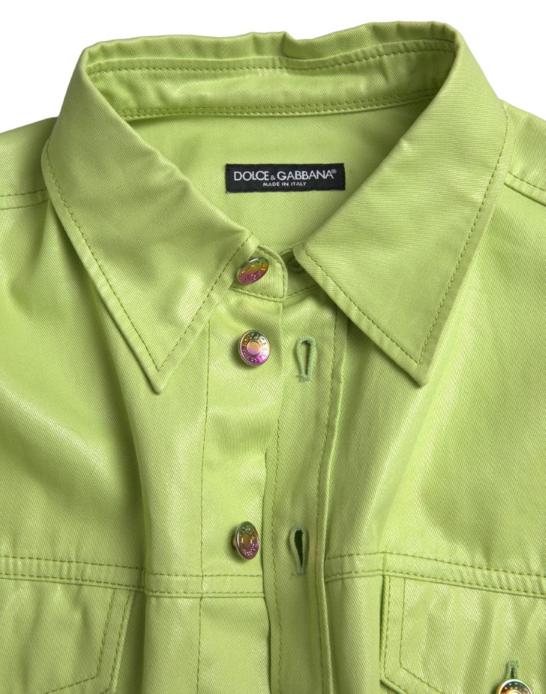 Chemise Dolce & Gabbana en coton vert avec col boutonné, vue de face, détails du tissu et du design élégant.