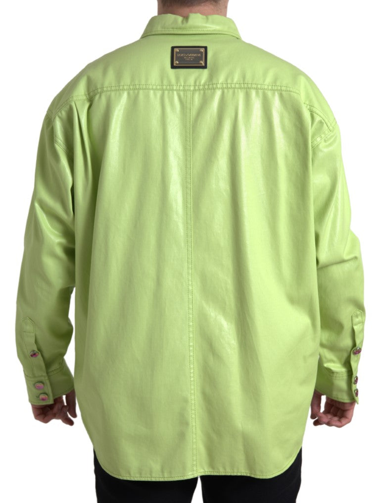 Chemise en coton vert Dolce & Gabbana à col et boutons, visible en gros plan.
