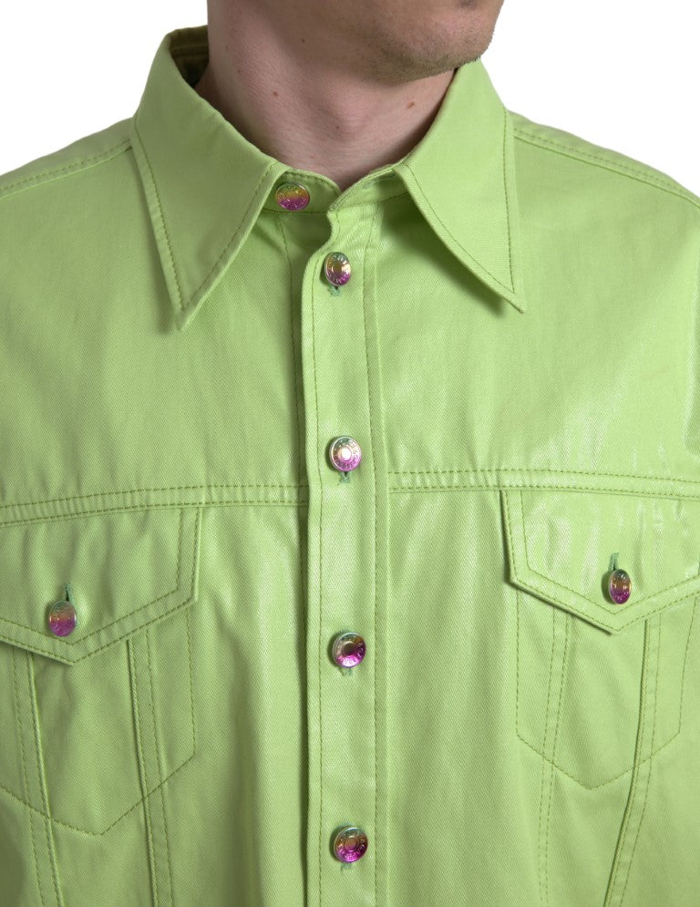 Chemise en coton vert Dolce & Gabbana à col et boutons, vue détaillée du devant, style élégant et décontracté.