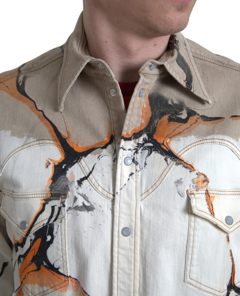 Chemise en denim à col en coton multicolore de Dolce & Gabbana, style décontracté avec détails colorés et logo de la marque.
