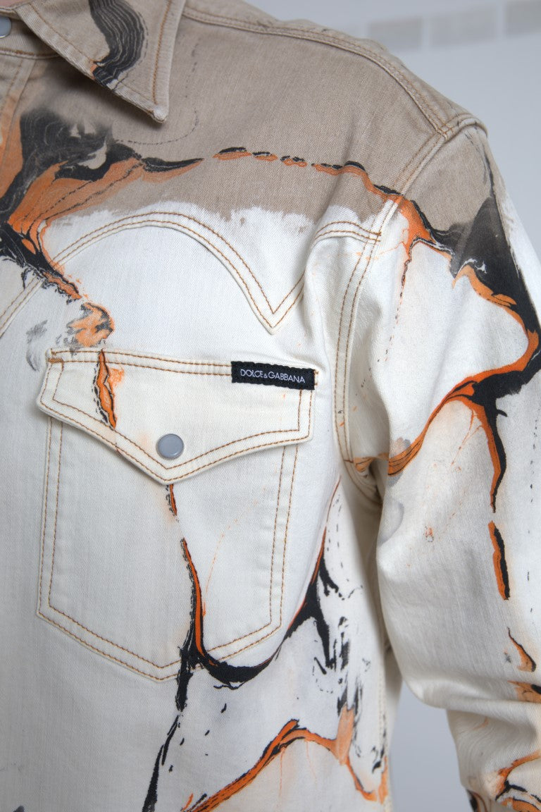 Chemise en denim Dolce & Gabbana à col en coton multicolore, style décontracté avec détails colorés.