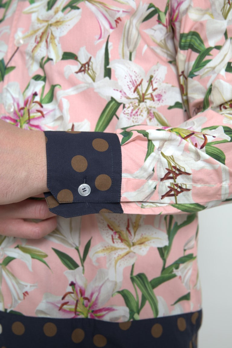 Chemise Dolce & Gabbana en coton à pois avec col et imprimé lys, élégante et tendance, visible en détail dans l'image.