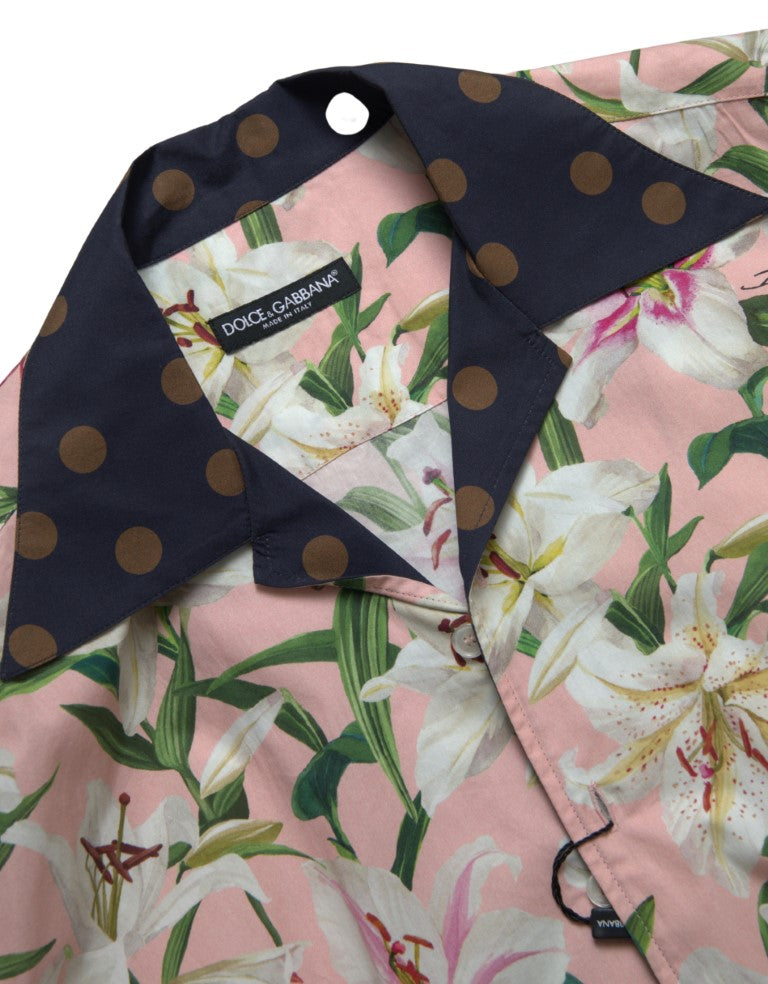 Chemise Dolce & Gabbana en coton à pois, col rabattu et imprimé fleurs lys, vue de face.