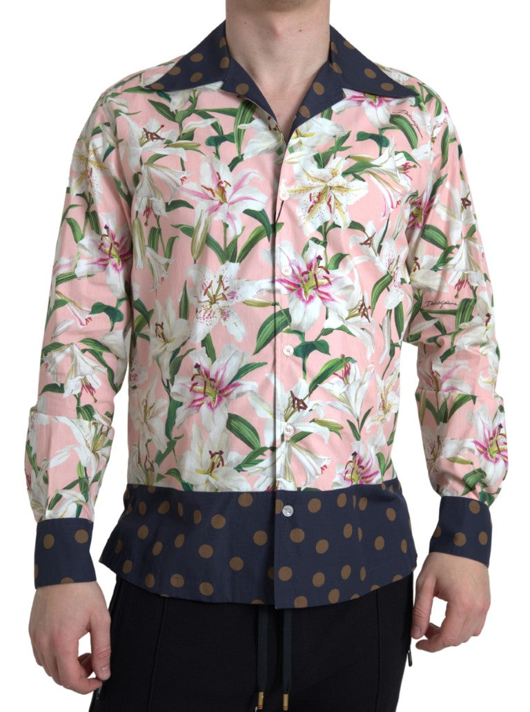 Chemise Dolce & Gabbana en coton à pois, col avec motif floral lily, style élégant et tendance.