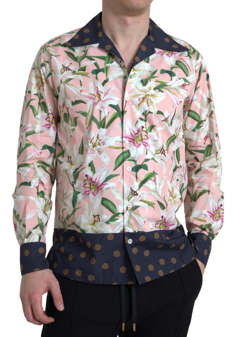 Chemise Dolce & Gabbana en coton à pois, col classique, imprimé fleurs Lily, vue de face.
