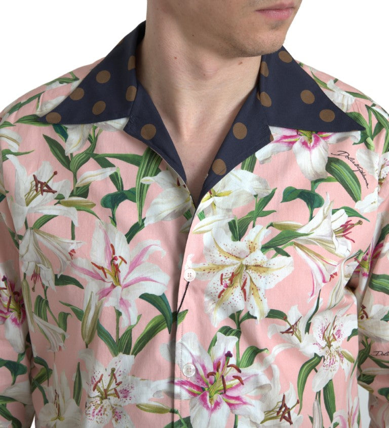 Chemise Dolce & Gabbana en coton à pois et imprimé lys avec col, visible sur l'image.