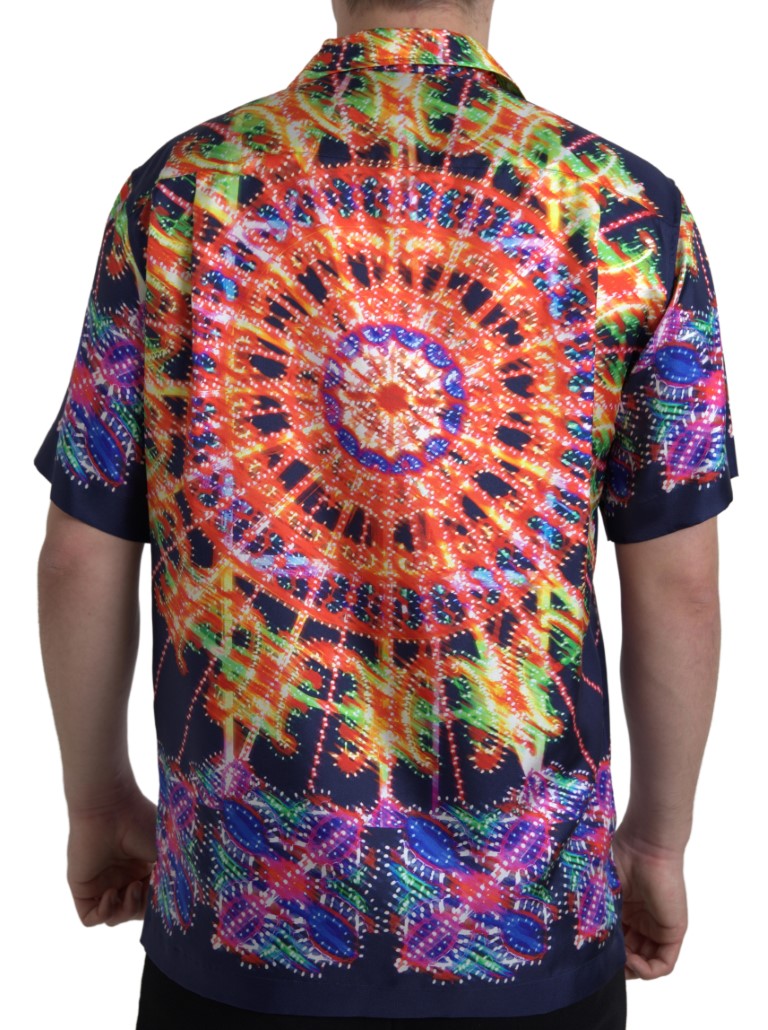 Chemise homme Dolce & Gabbana en soie à imprimé multicolore Luminarie, détails élégants et motifs vibrants.