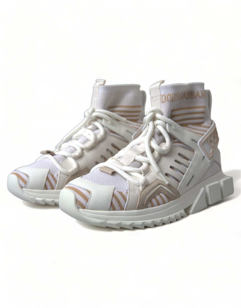 Chaussures sneakers en blanc et beige Dolce & Gabbana Sorrento, baskets élégantes en toile avec détails de marque.