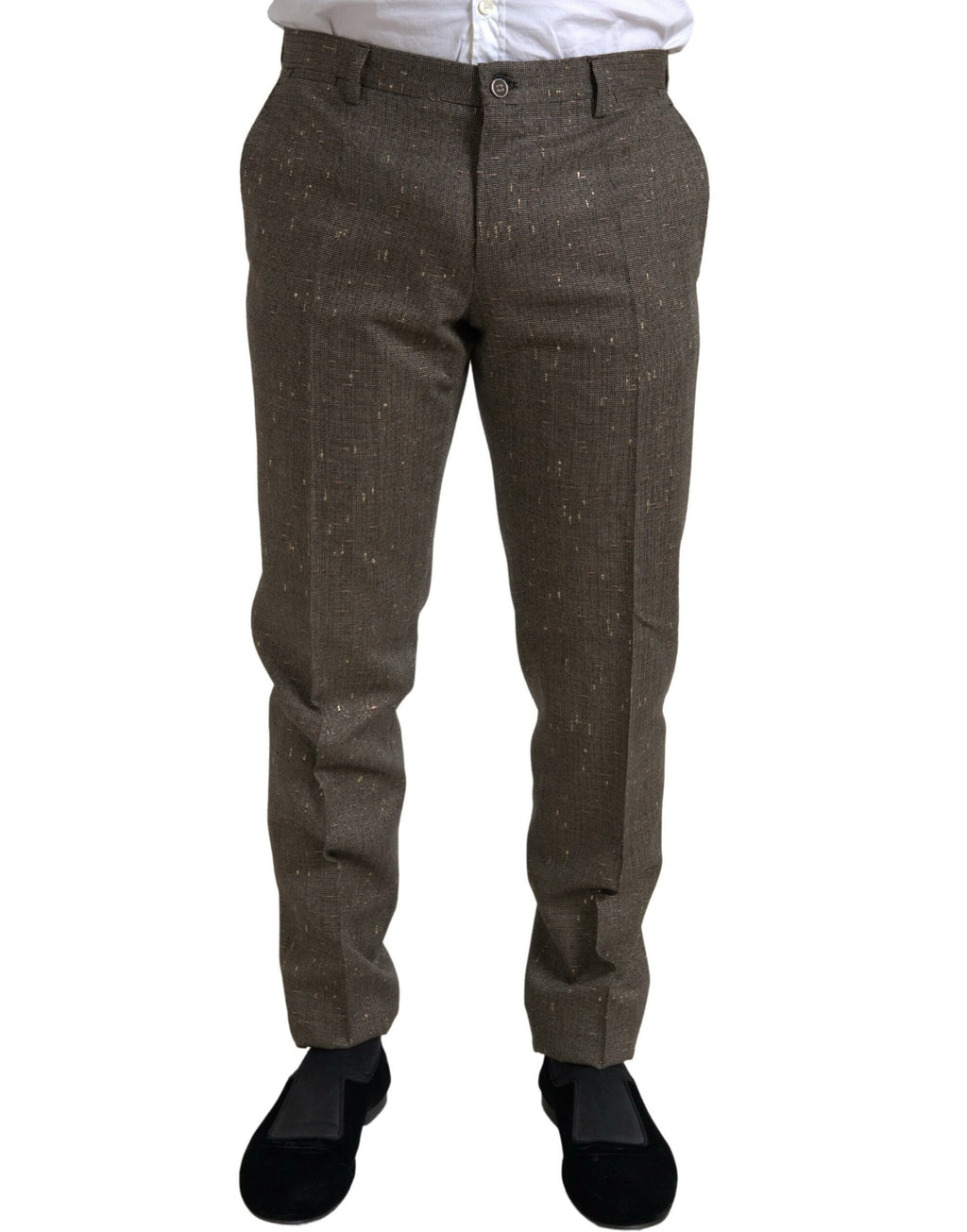 Pantalon homme en laine marron Dolce & Gabbana, style skinny, élégant et ajusté, parfait pour une tenue sophistiquée.