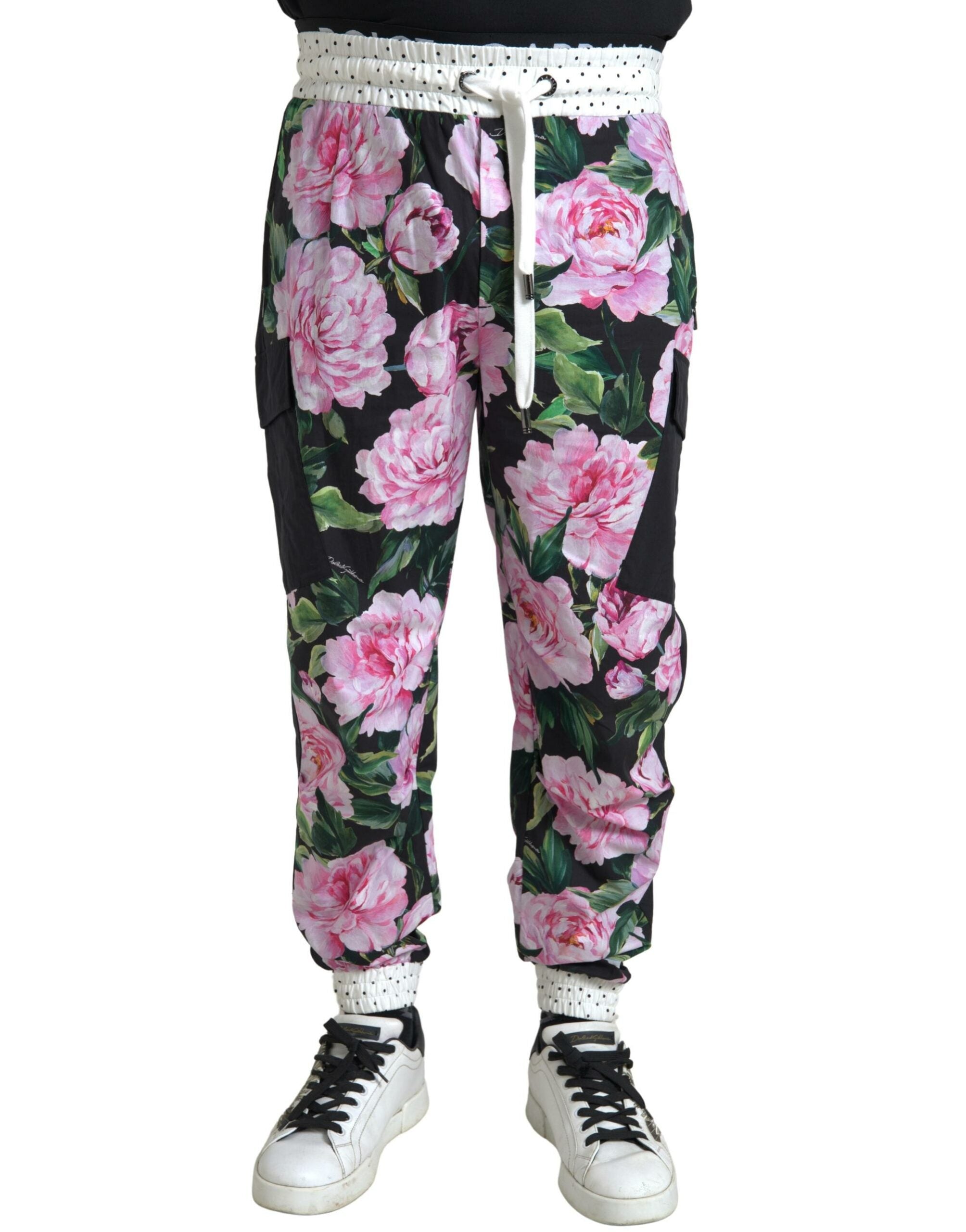 Pantalon homme Dolce & Gabbana multicolore avec motif de pivoines, joggers en coton, style décontracté.
