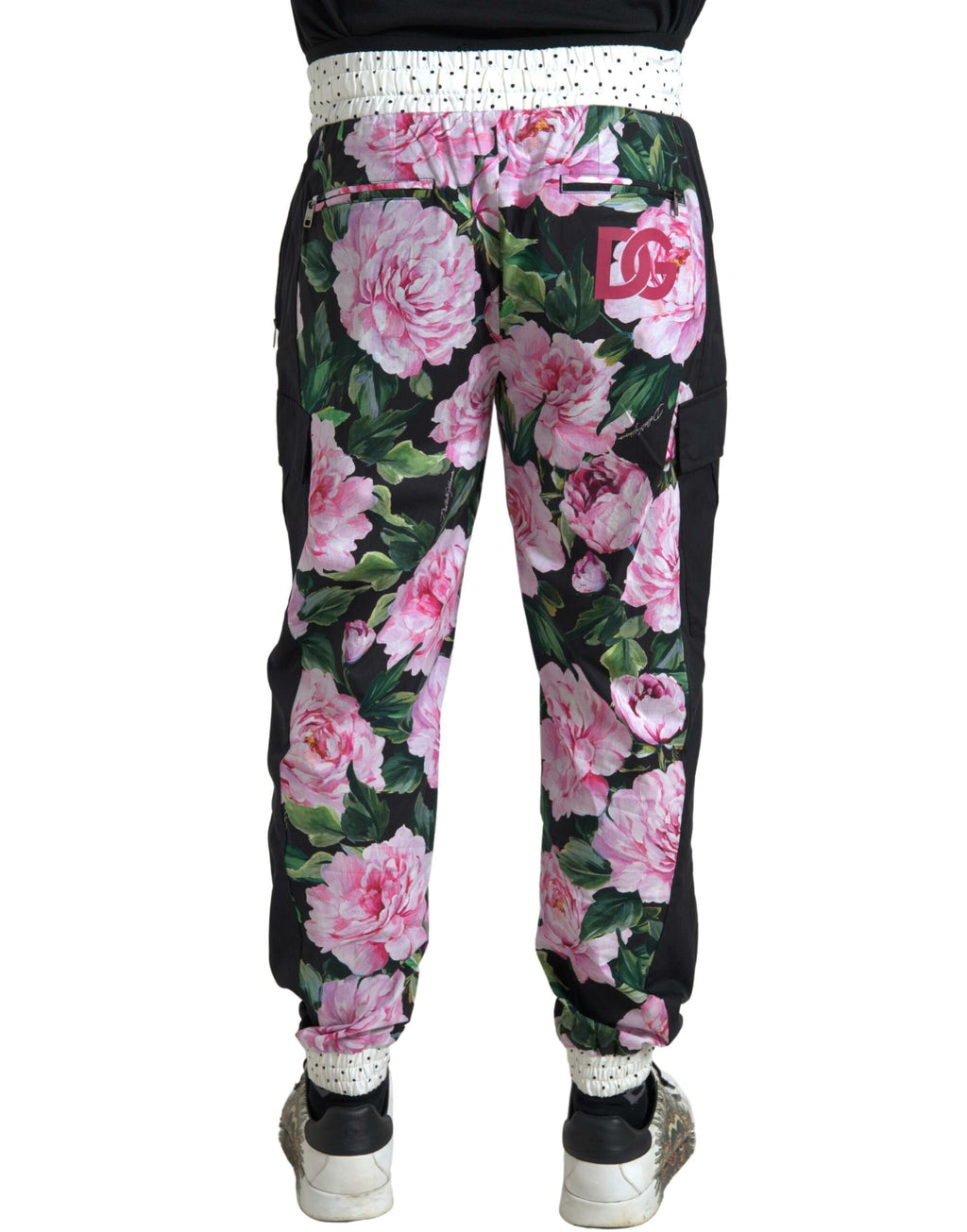 Pantalon homme Dolce & Gabbana, joggers multicolores avec motif de pivoines en coton, style décontracté et tendance.