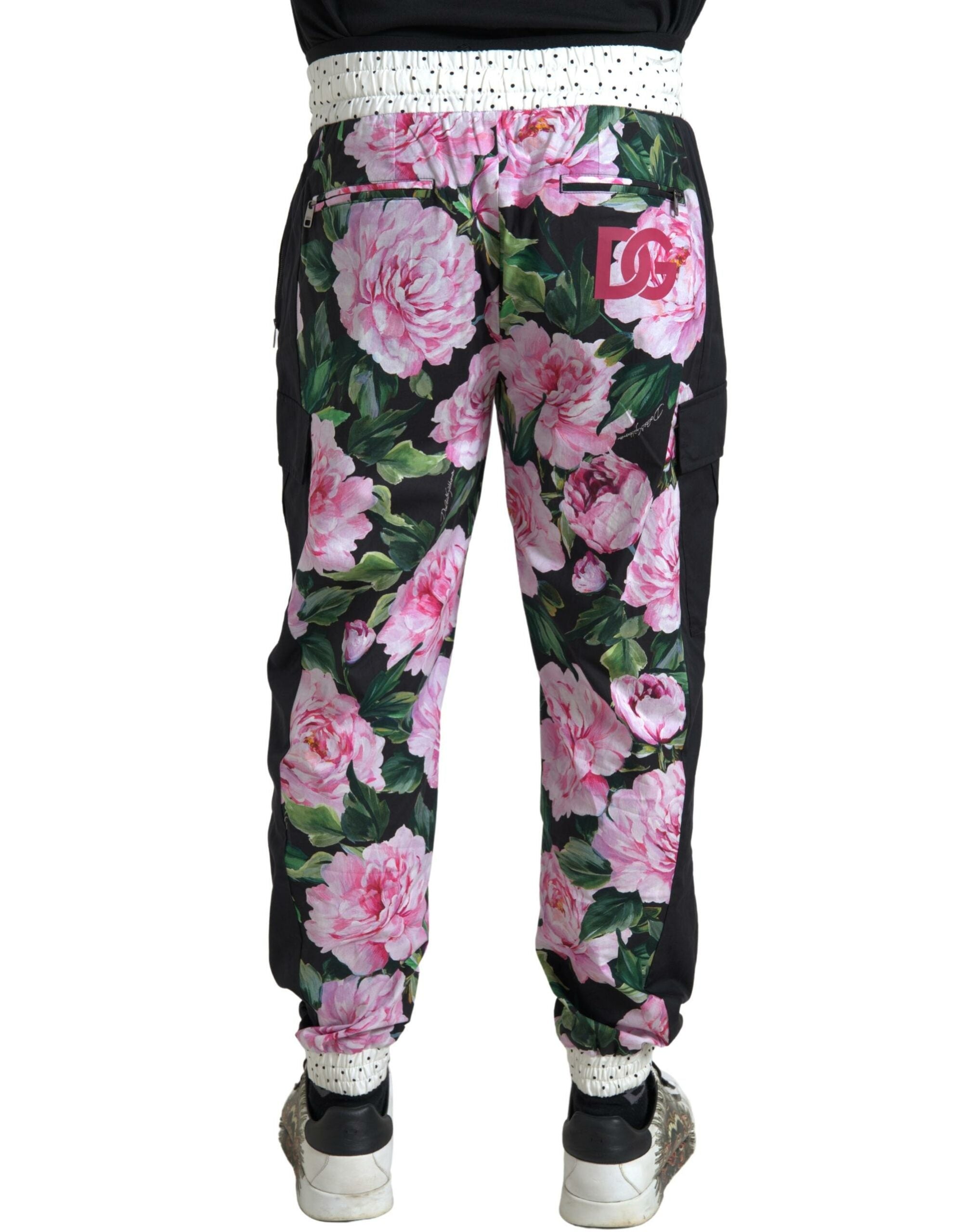 Pantalon homme Dolce & Gabbana, joggers multicolores avec motif de pivoines en coton, style décontracté et tendance.