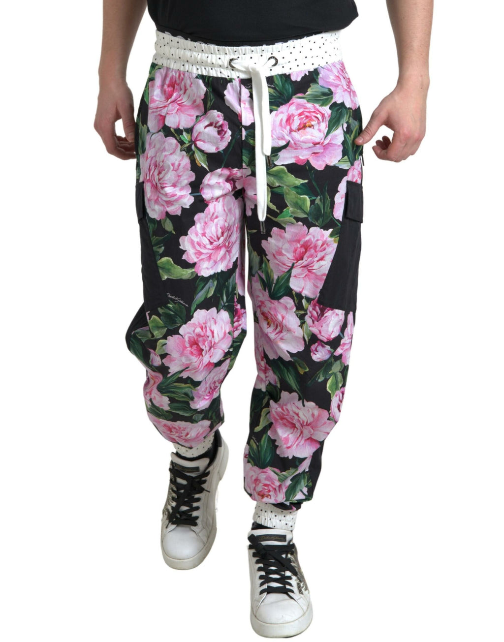 Joggers pour hommes Dolce & Gabbana en coton multicolore à motif de pivoines, style décontracté et élégant.