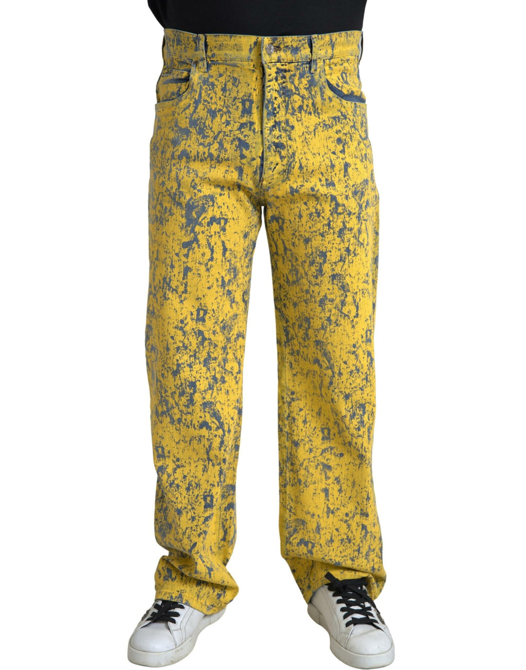 Jeans en denim droit jaune à effet tie-dye de Dolce & Gabbana, coton, style tendance et décontracté.
