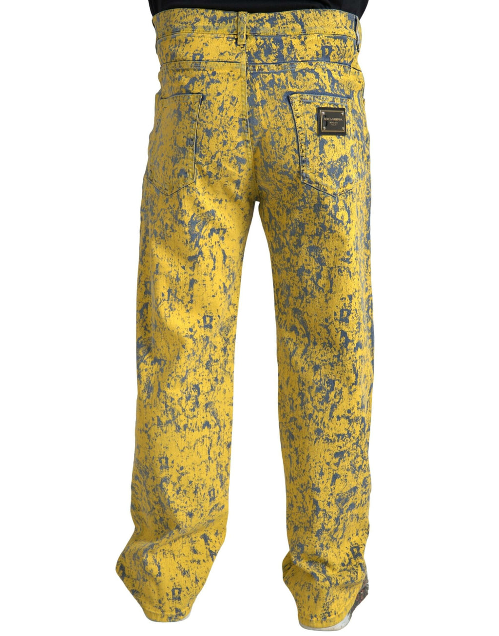 Jeans en denim droit à effet tie-dye jaune de Dolce & Gabbana, coton, style moderne et décontracté.