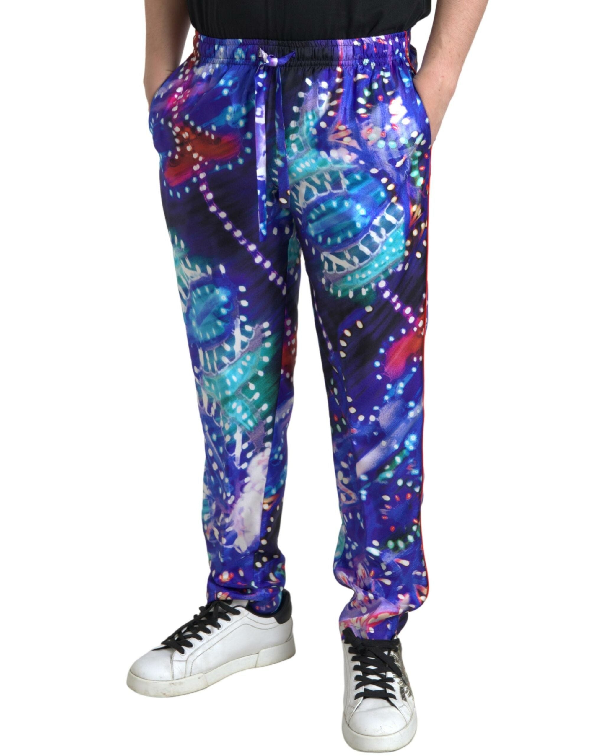 Pantalon homme Dolce & Gabbana en soie multicolore à imprimé, style élégant et moderne.