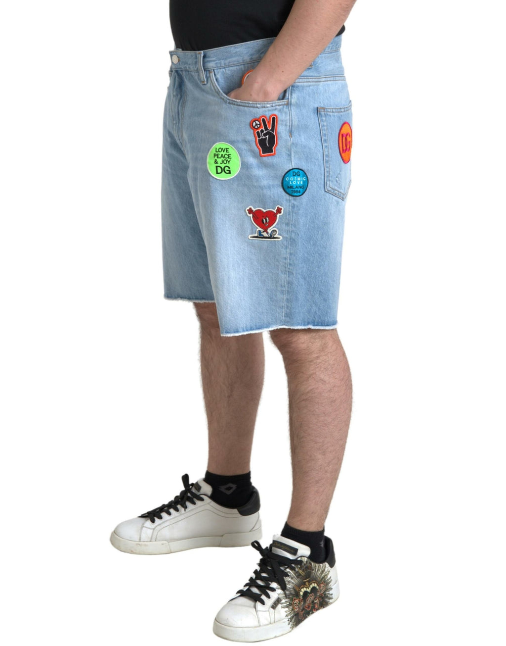 Shorts bermuda en denim blanc pour homme Dolce & Gabbana Light Blue en coton, vue front avec détails de couture