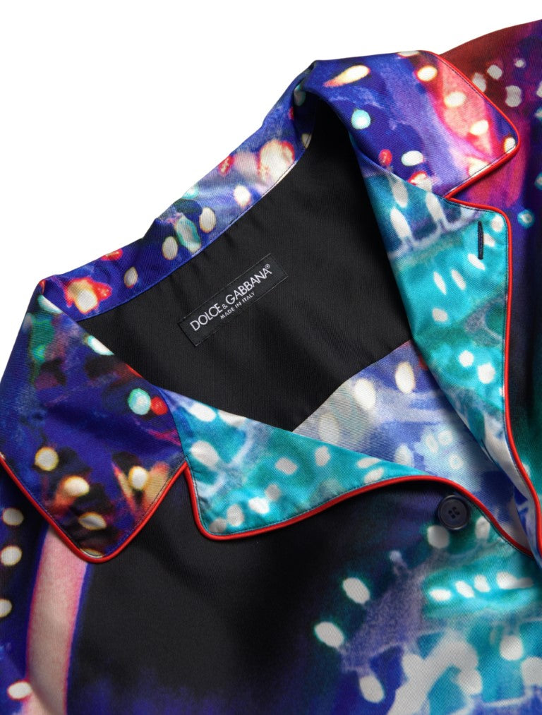 Chemise de pyjama homme Dolce & Gabbana en soie multicolore à motif psychédélique, élégante et confortable.