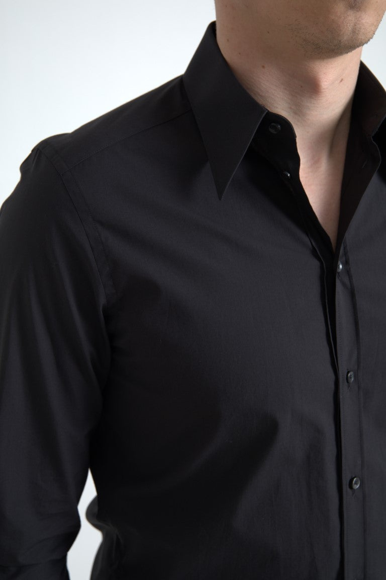 Chemise homme à manches longues Dolce & Gabbana en coton noir, modèle Martini, avec détails élégants et style sophistiqué.