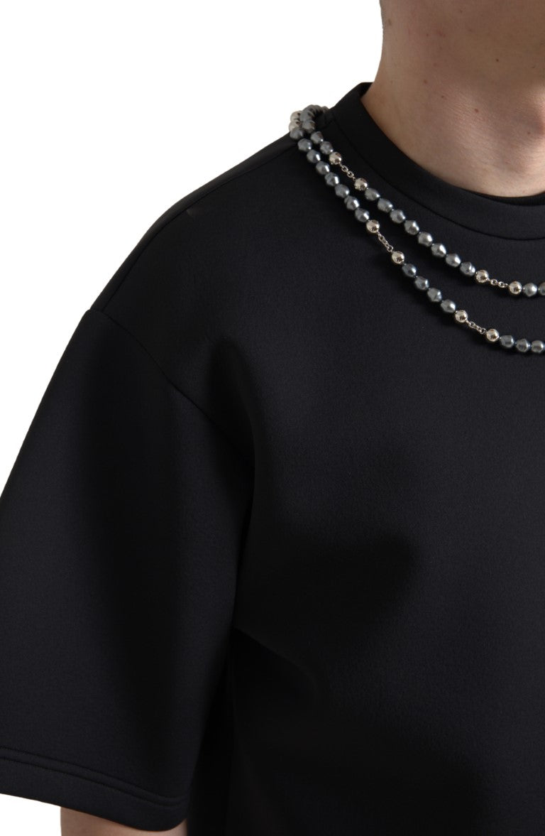 T-shirt polyester noir Dolce & Gabbana avec collier orné de détails brillants et embellissements élégants.