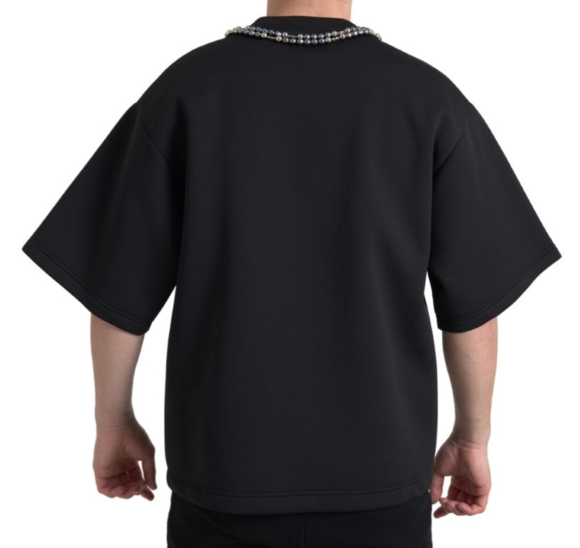 T-shirt noir Dolce & Gabbana avec collier orné en polyester, détails de bijoux élégants et design chic.