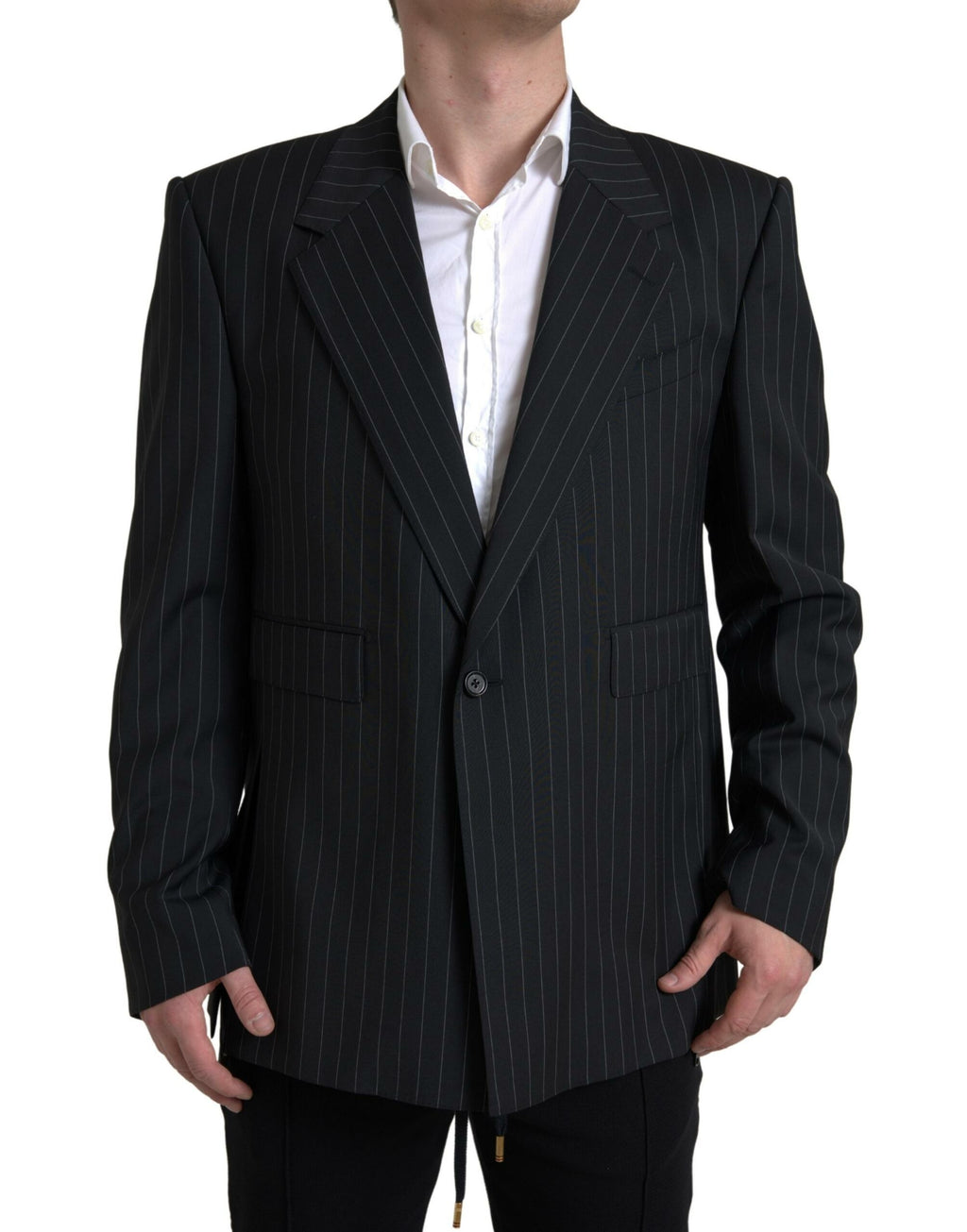 Veste blazer noire à rayures Dolce & Gabbana SICILIA à manches longues, col single breasted, style élégant.