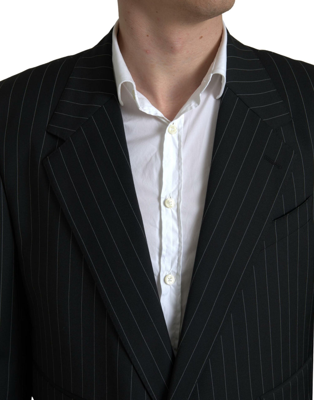 Blazer noir à rayures Dolce & Gabbana SICILIA, à simple boutonnage, en tissu élégant, vue de face.