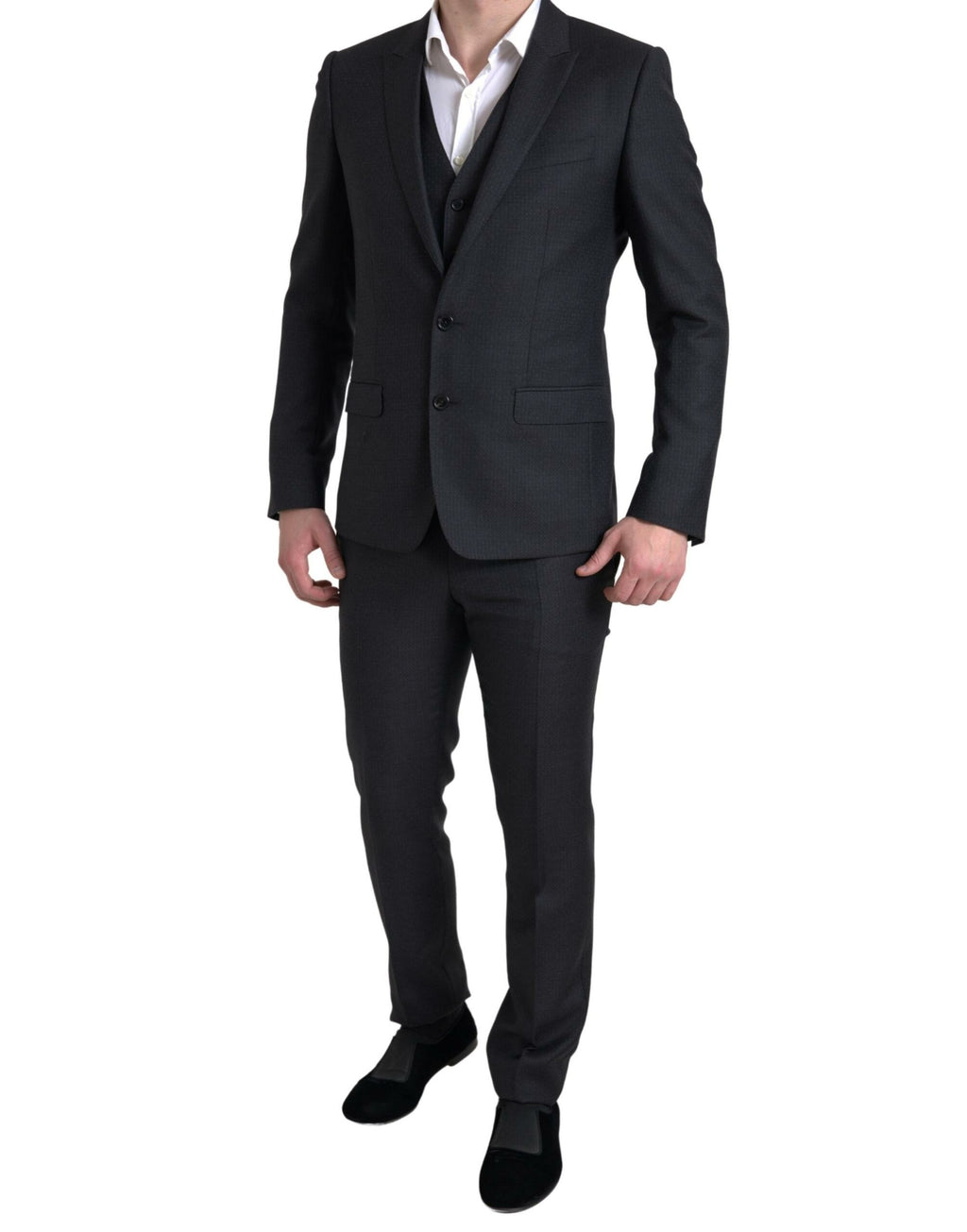 Suit trois pièces noir Dolce & Gabbana Martini, veste cravate simple boutonnage, élégant costume pour homme.