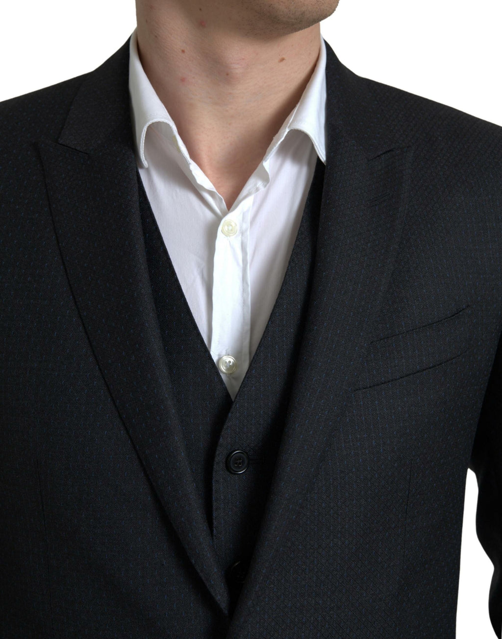 Costume Martini noir Dolce & Gabbana à 3 pièces, veste à simple boutonnage, pantalon et gilet élégants, pour homme.