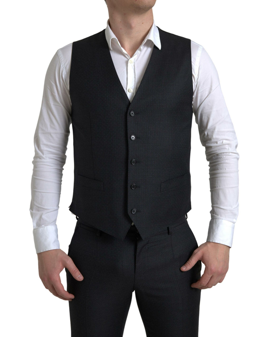 Costume noir Dolce & Gabbana 3 pièces, veste croisée, pantalon et gilet, style Martini, élégant et sophistiqué.