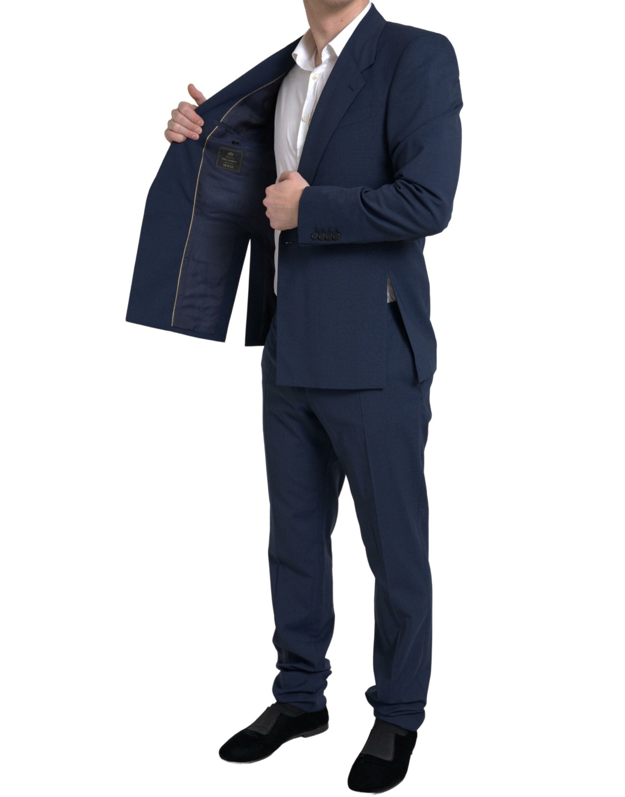 Costume deux pièces Dolce & Gabbana Sicilia bleu à un bouton, veste et pantalon, style élégant et classique pour homme.