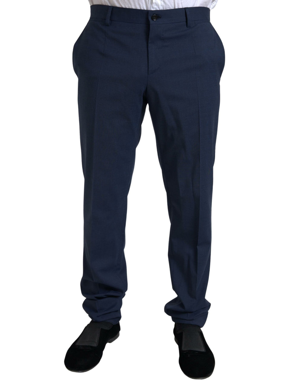 Costume deux pièces bleu Dolce & Gabbana Sicilia, veste croisée à un bouton, pantalon assorti, élégant et classique.