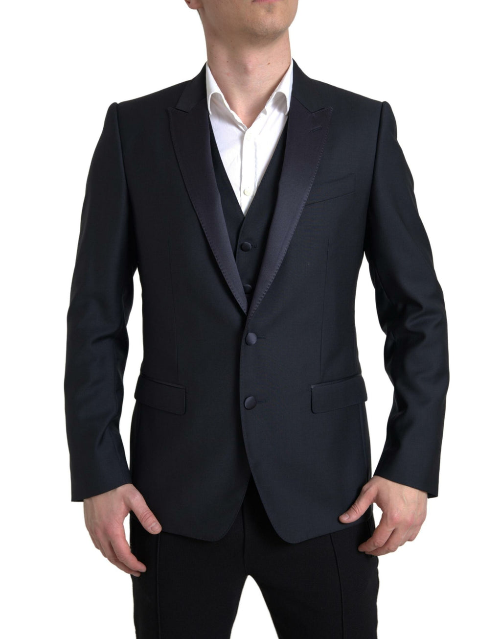 Costume deux pièces bleu Dolce & Gabbana Martini à simple boutonnage, élégance masculine, vue de face sur mannequin.