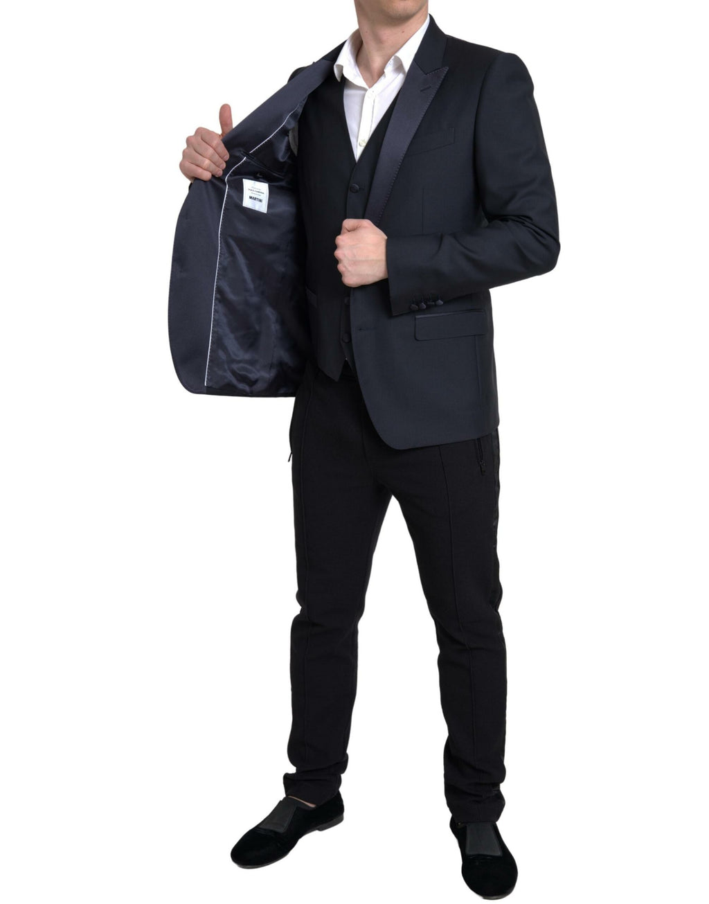 Costume bleu Dolce & Gabbana à deux pièces, veste croisée à un bouton, style Martini élégant pour homme.