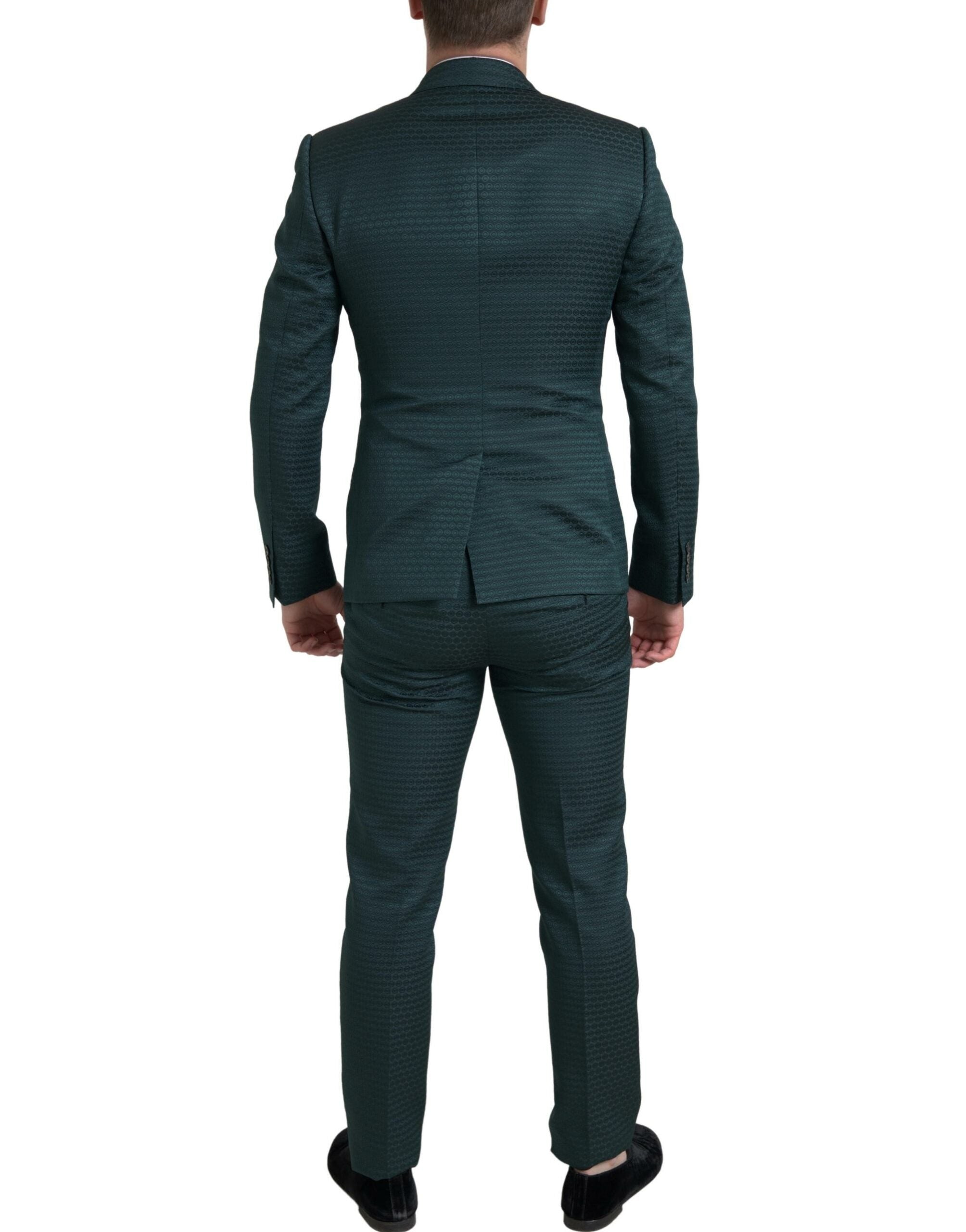 Costume trois pièces vert Dolce & Gabbana avec veste à un bouton, pantalon et gilet, élégant et sophistiqué.