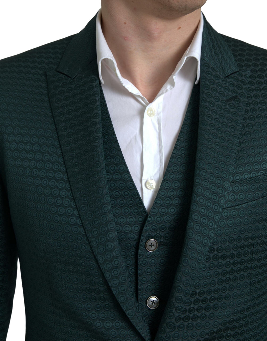 Costume Martini vert à trois pièces Dolce & Gabbana, veste à simple boutonnage, pantalon et veste assortis, élégance masculine.