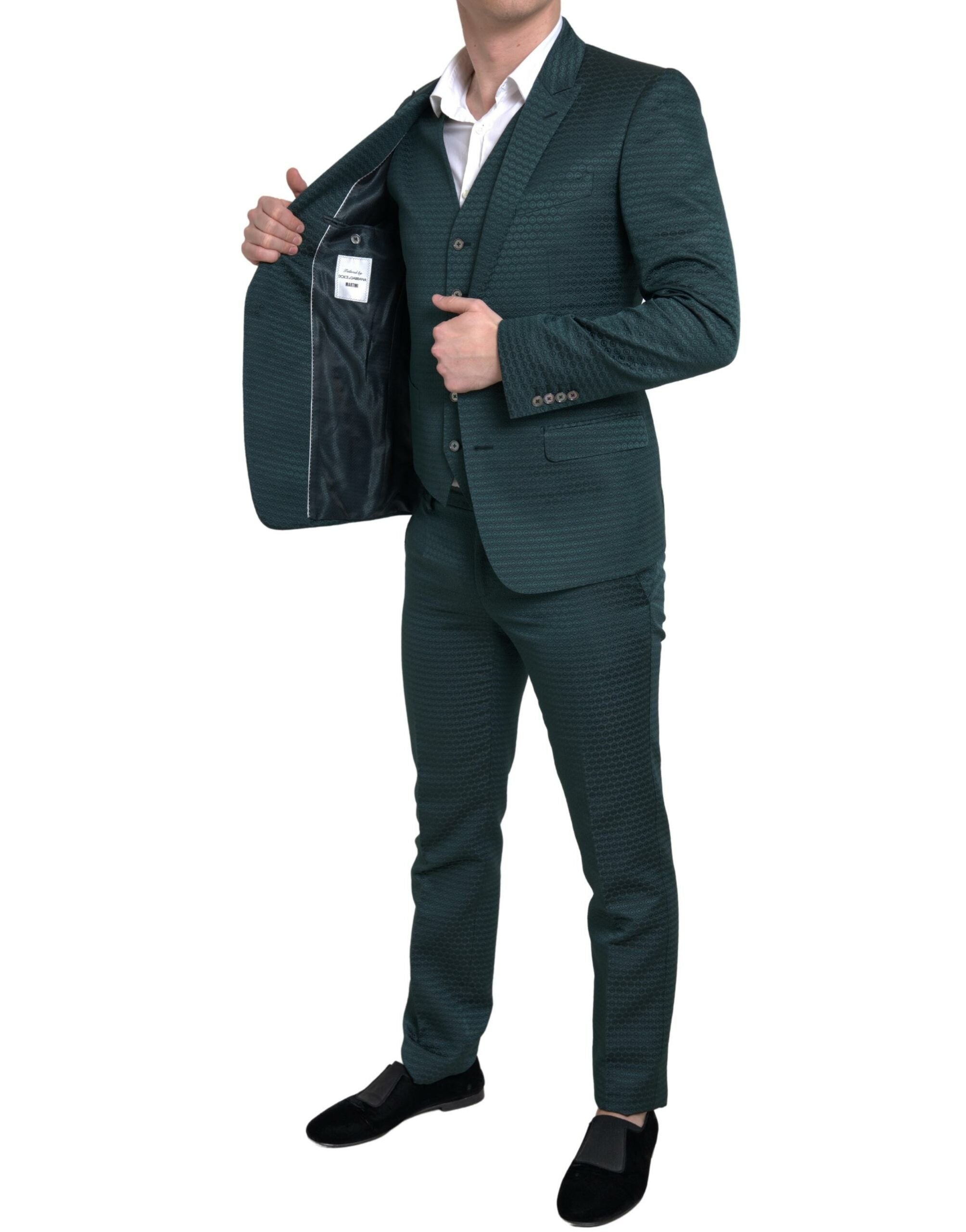 Costume Dolce & Gabbana vert 3 pièces avec veste simple boutonnage, élégant pour homme.