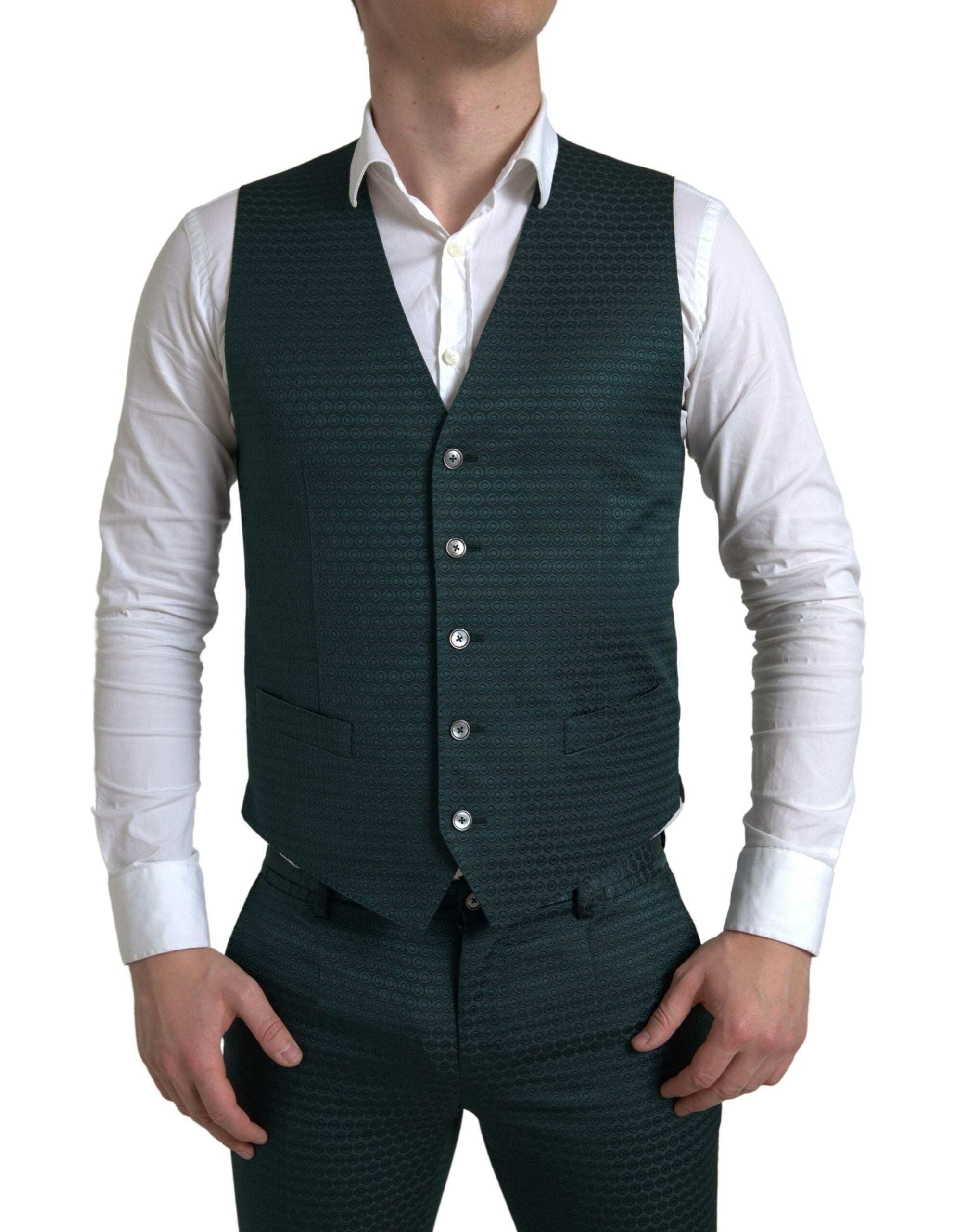 Costume Martini vert Dolce & Gabbana trois pièces avec veste croisée et pantalon, vue en détail.