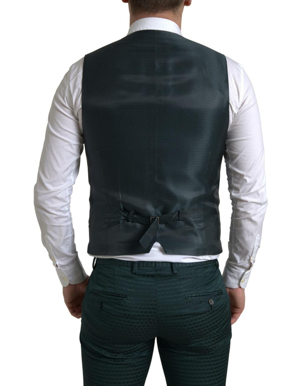 Costume trois pièces vert Dolce & Gabbana, costume à un bouton avec veste à simple boutonnage, pantalon et gilet assortis.