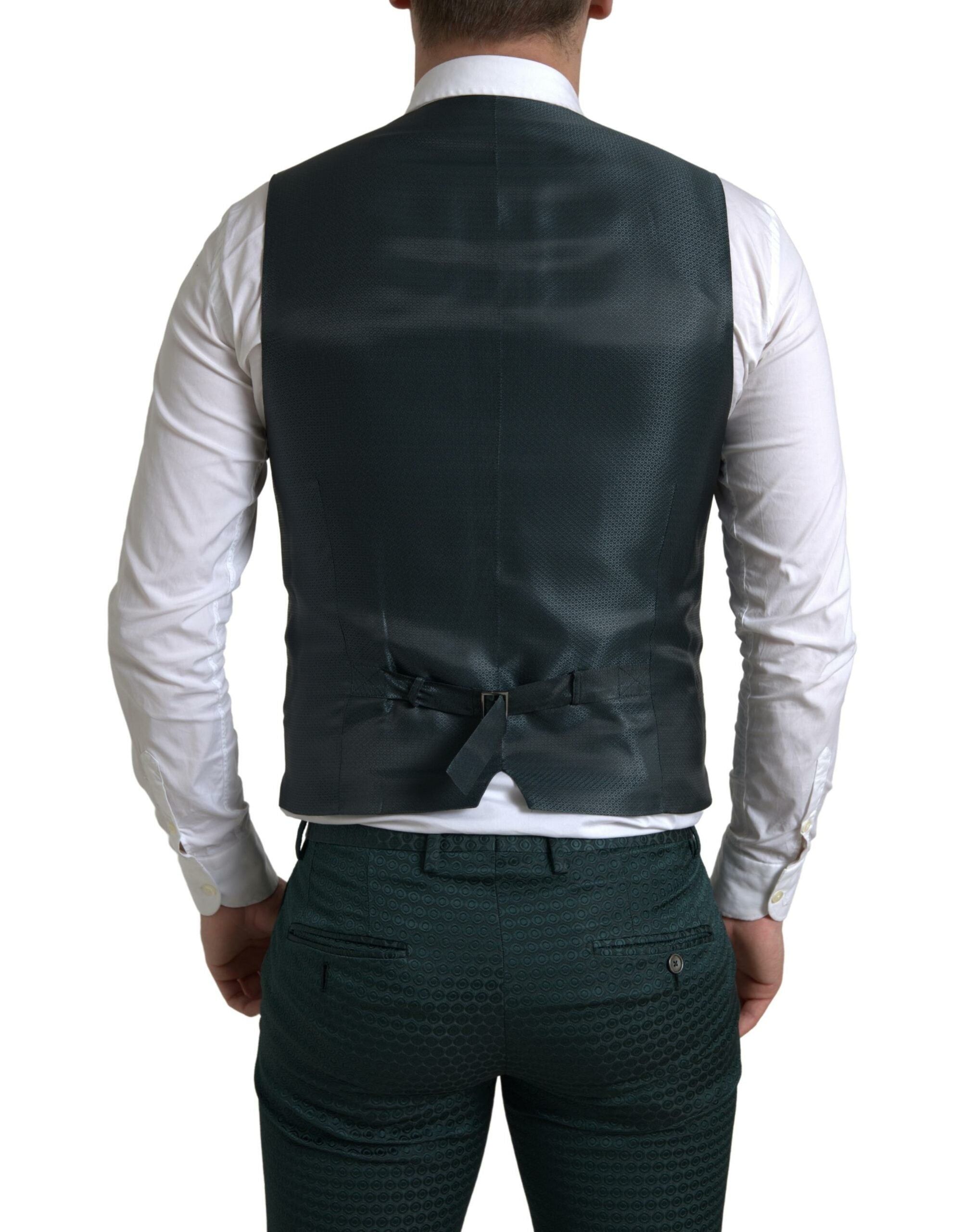 Costume trois pièces vert Dolce & Gabbana, costume à un bouton avec veste à simple boutonnage, pantalon et gilet assortis.