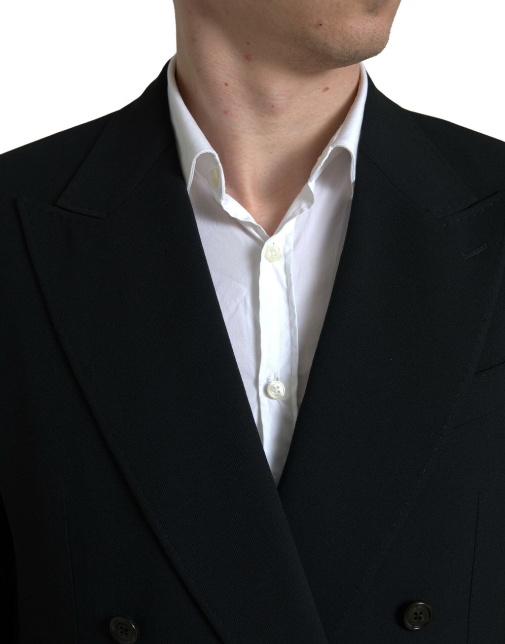 Costume noir Dolce & Gabbana Sicilia à double boutonnage, deux pièces, élégant et sophistiqué, visible en détail sur l'image.