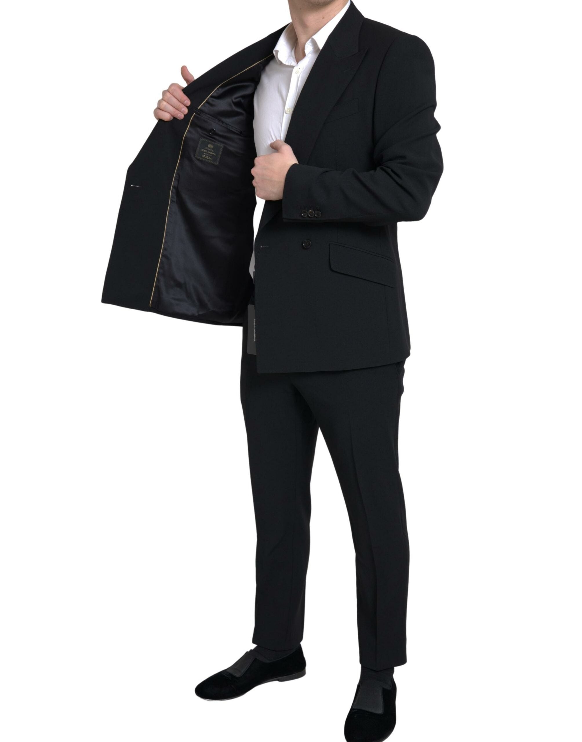 Costume double boutonnage noir Dolce & Gabbana Sicilia, ensemble deux pièces élégant et sophistiqué pour homme.