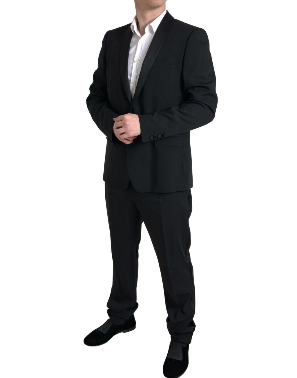 Costume Dolce & Gabbana noir à deux pièces, à simple boutonnage, style Martini, pour homme, vue de face.