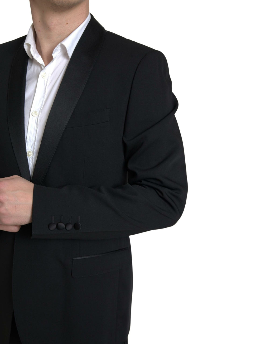 Costume deux pièces noir Dolce & Gabbana Martini, veste croisée à un bouton et pantalon assorti, élégant et sophistiqué.