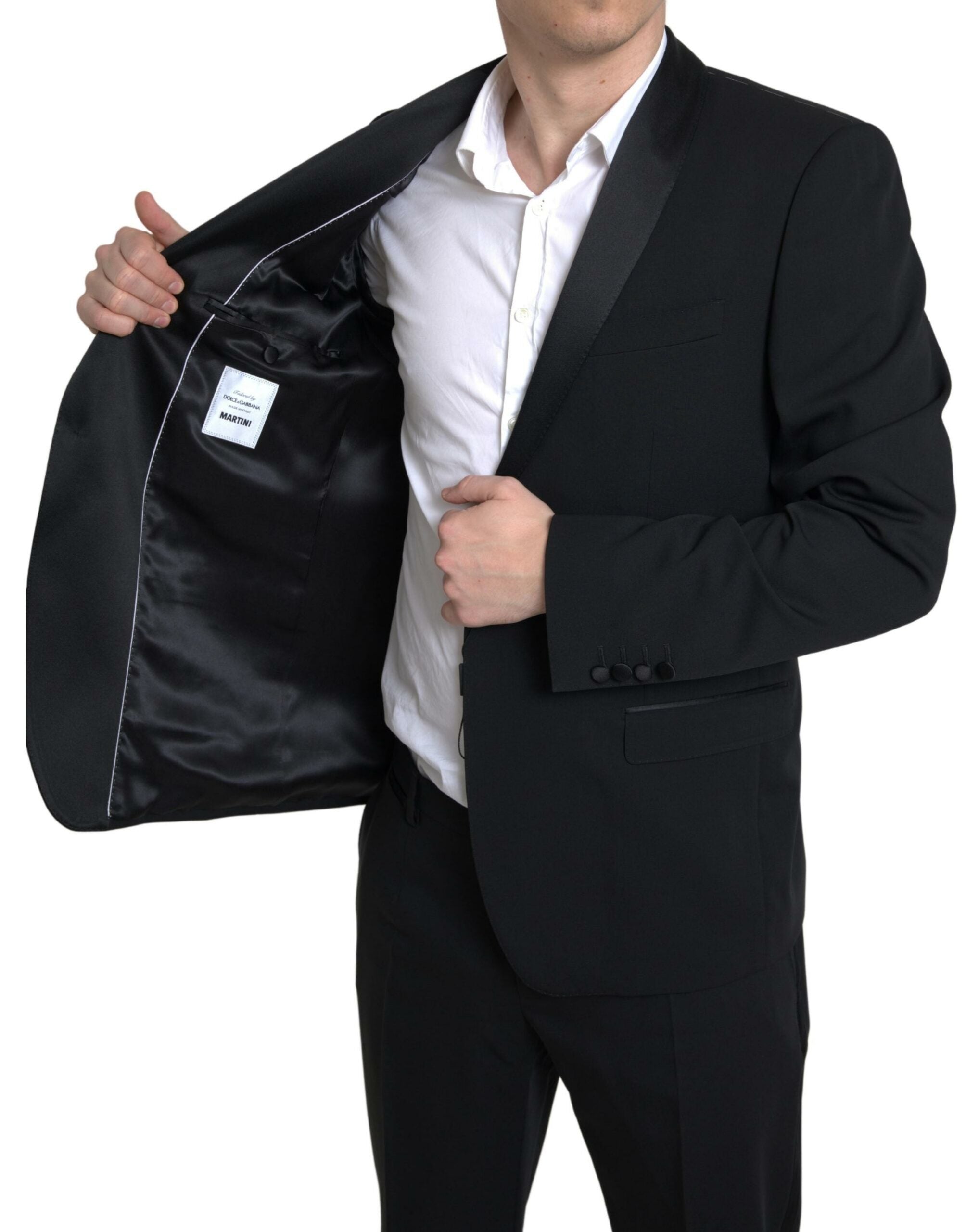 Costume noir Dolce & Gabbana 2 pièces avec veste à un bouton et pantalon, élégant et classique pour homme.
